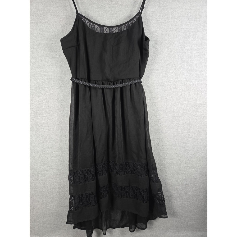 Mudd XL Lace Trim Black Chiffon‎ Dress Belted Smocked Witchy Whimsigoth Festival